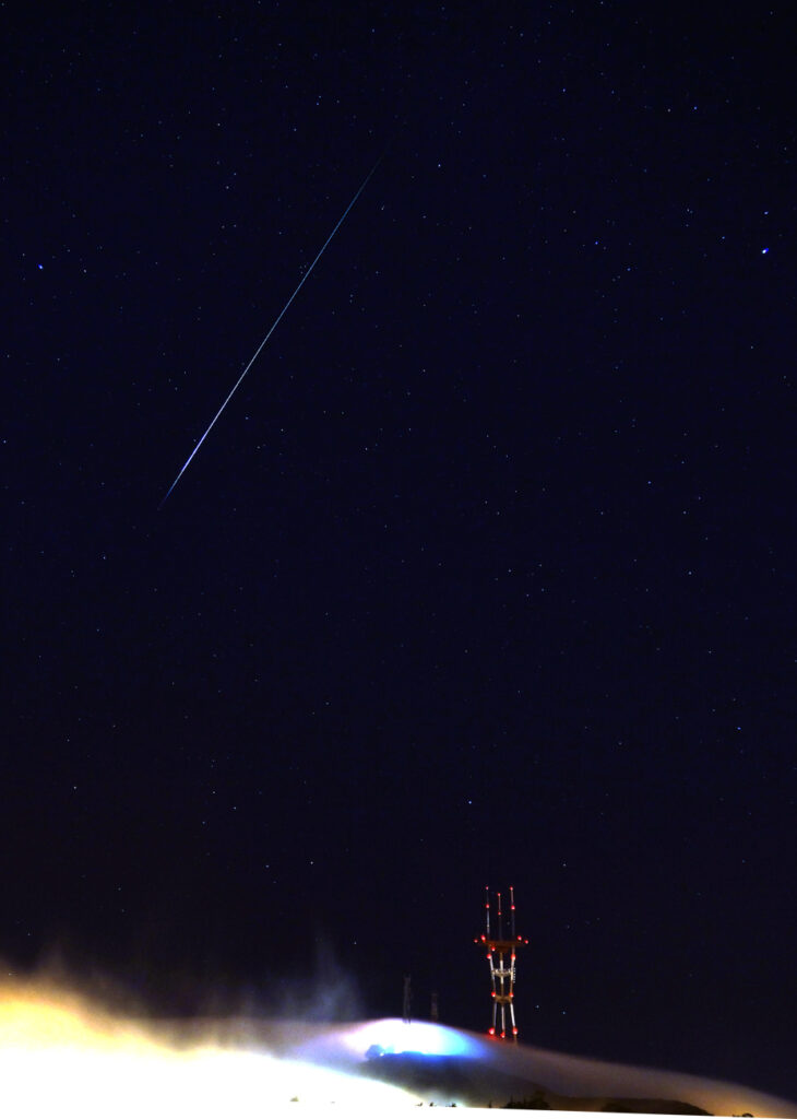 Perseid meteor over Sutro Tower, San Francisco - Aug. 13, 2012